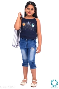 Pretty Stylish Girls Top Bottom Jacket Sets - 1-2 Years, Top Fabric:Cotton Polyster, Bottom Fabric:Danim, Multipack: Single Add-Ons: Jacket